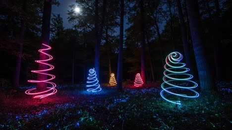 illuminated forest with colorful spiral light trees against a moonlit sky, capturing a magical night scene with vibrant colors and enchanting atmosphere
