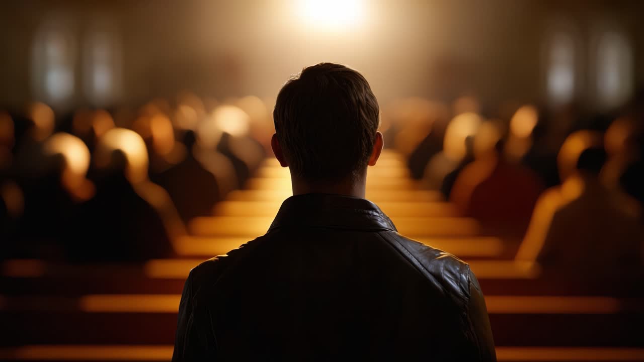A Man Reflecting Amidst a Crowd in a Church, Illuminated by Light, Evoking a Sense of Contemplation and Community in a Spiritual Atmosphere