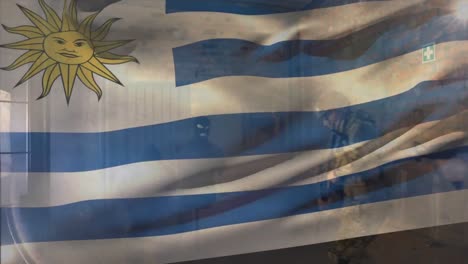 Animation-Der-Flagge-Uruguays-über-Verschiedene-Männliche-Terroristen-Mit-Waffen-Und-Terroristen