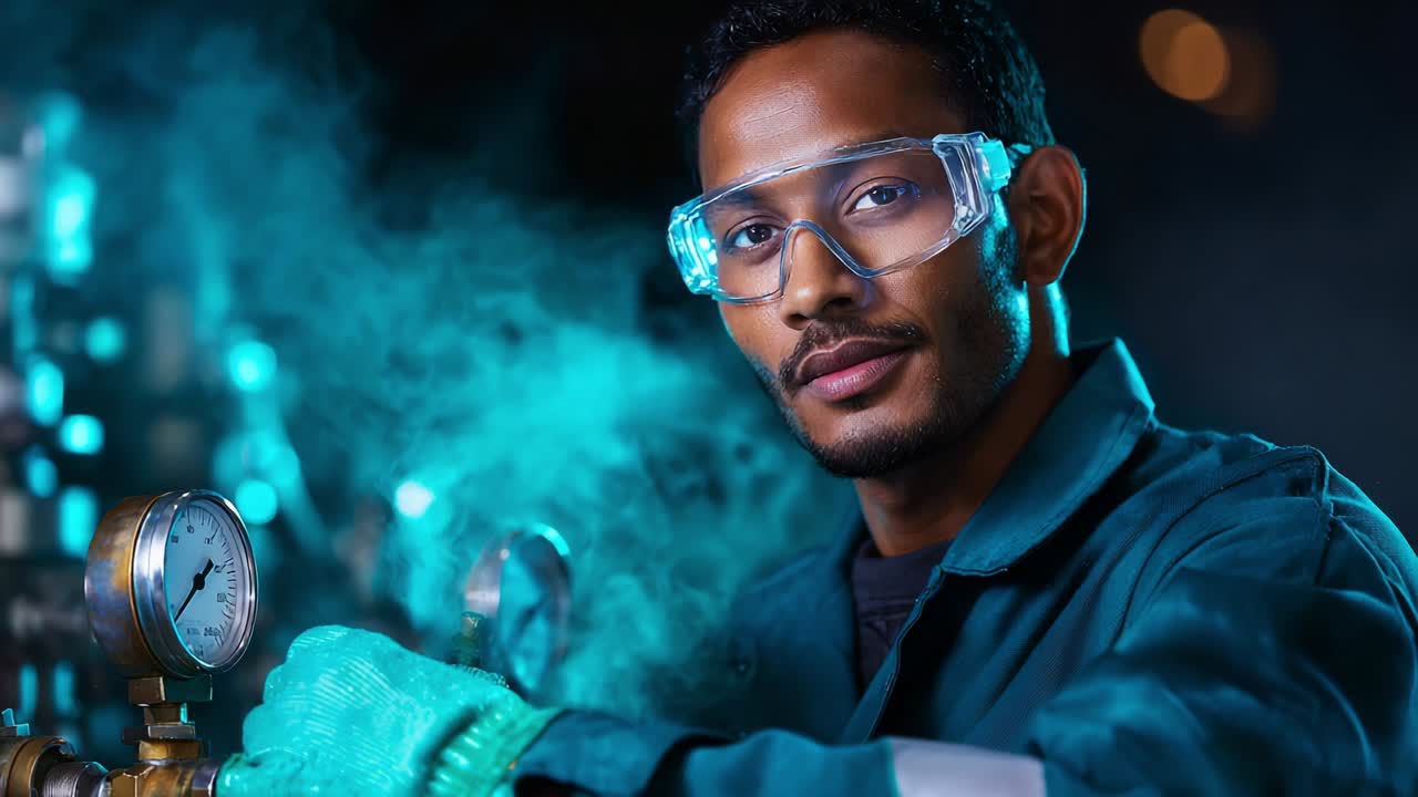 A skilled technician in a safety outfit adjusts equipment while surrounded by vibrant teal smoke, showcasing expertise and focus in a technical environment, emphasizing safety gear and machinery precision
