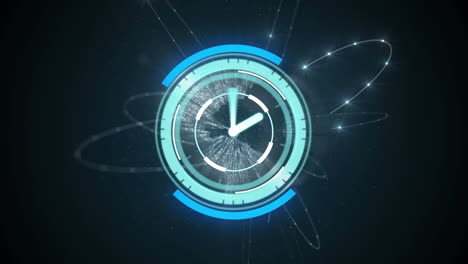 animation of scope scanning with clock over network of connections on black background