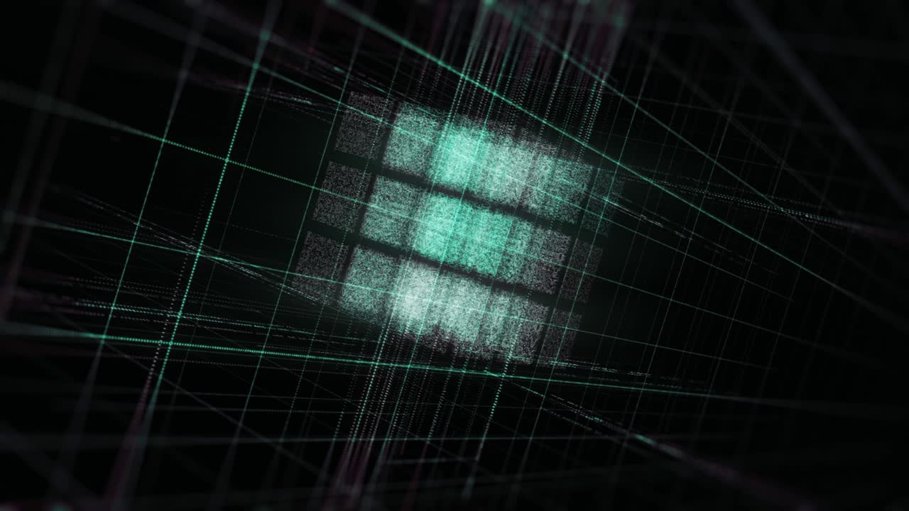 3D spinning cube in the computing core with interchanging Information streams. Animation. Volumetric pattern with a green cube made of millions of tiny particles shimmering on black background, seamless loop.