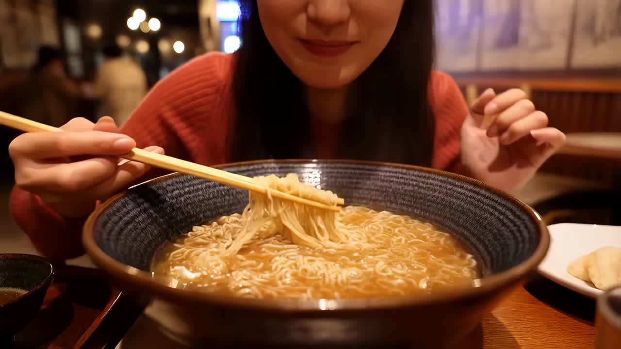 Woman Eating Ramen Noodles with Chopsticks