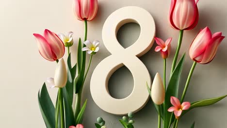 international women's day celebration with tulips and the number 8
