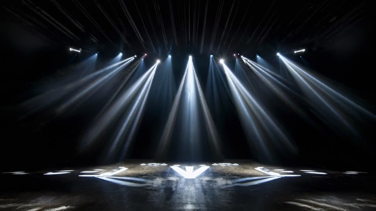 Dramatic stage lighting with beams converging in a dark space, captured from a low angle