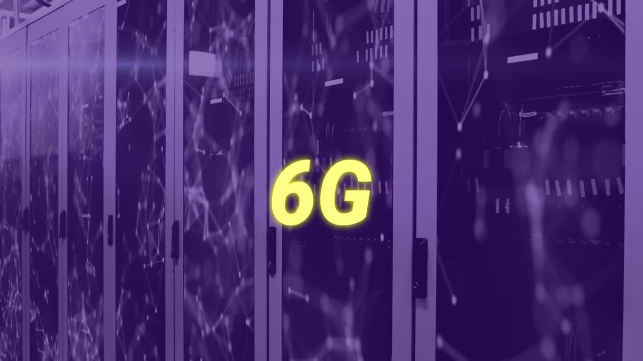 animación de texto de 6g con red de conexiones a través de la sala del servidor