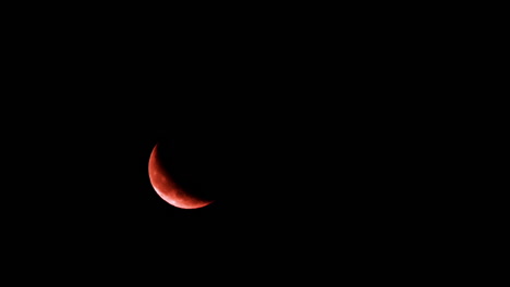 Orange-crescent-moon-rises-in-lower-left-side-of-dark-black-night-sky