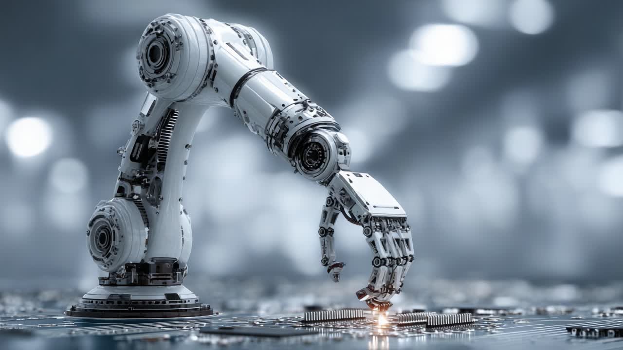 A Robotic Arm Engaging in Precision Manufacturing, Demonstrating Advanced Technology with Intricate Movement and High-Precision Component Placement on a Circuit Board