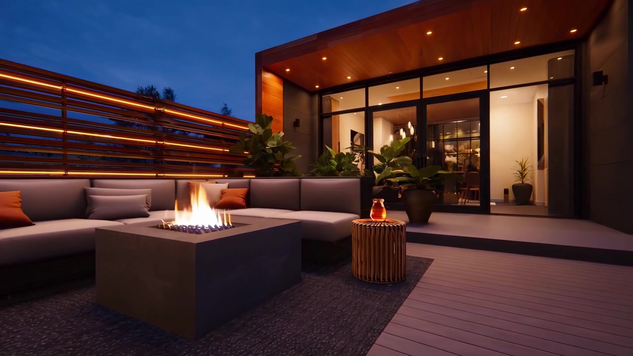 Modern Outdoor Patio with Fire Pit and Cozy Seating at Evening