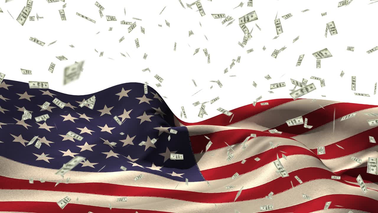 미국  ⁇ 발 위로 떨어지는 미국 달러 지폐의 애니메이션