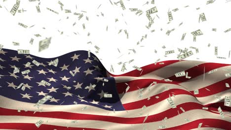 animation of american dollar bills falling over american flag