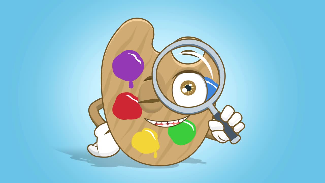 만화 예술가 색상 패은 얼굴 애니메이션 알파 매트와 함께 확대 유리창으로 보입니다.