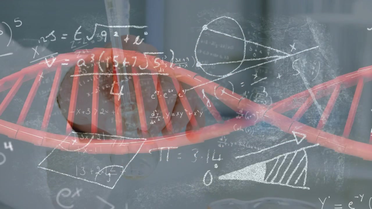 Animation of dna strand spinning over data processing and exercising strongman