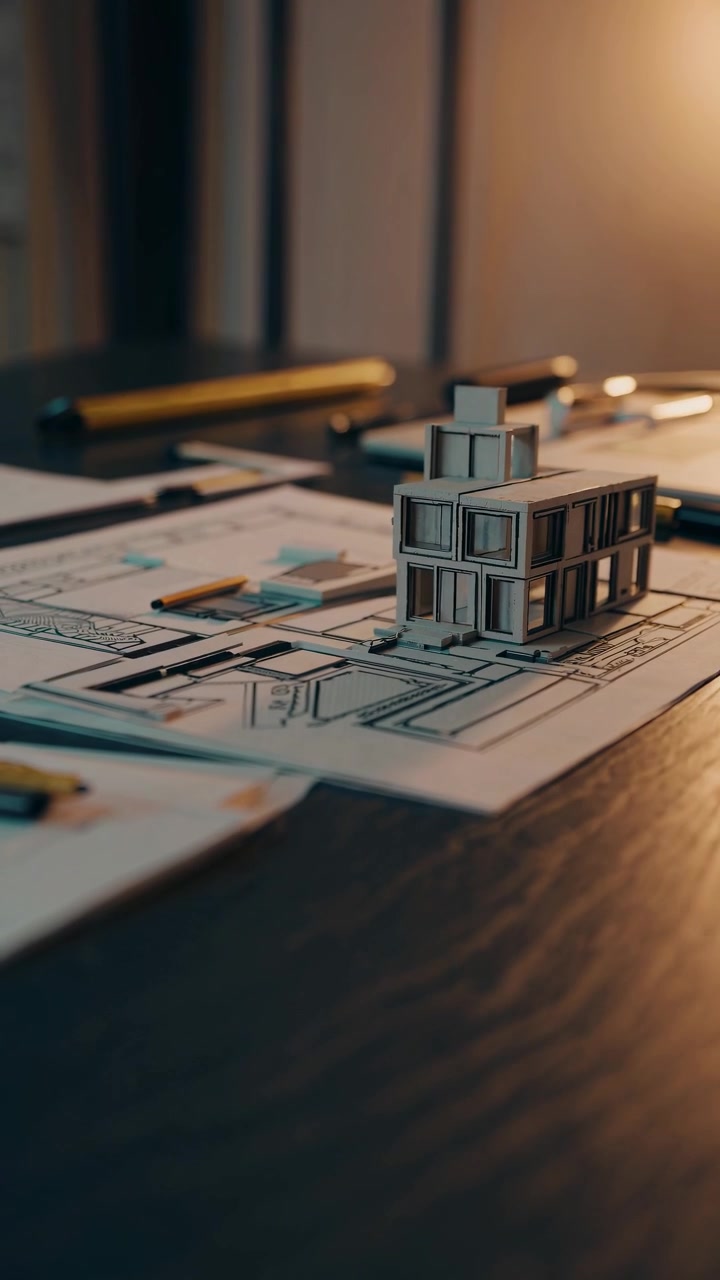 Architectural Model of a Modern House on Blueprints