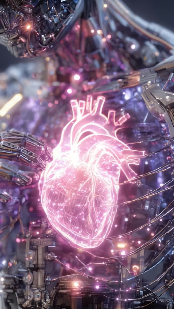A Futuristic Interpretation of Humanity: A Cybernetic Figure Holding a Glowing Heart Encased in Intricate Mechanical Components and Vibrant Lights