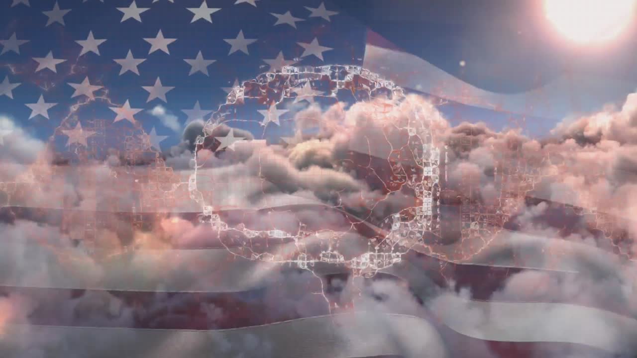 animação de varredura cerebral digital girando sobre a bandeira americana e céu nublado ao pôr do sol