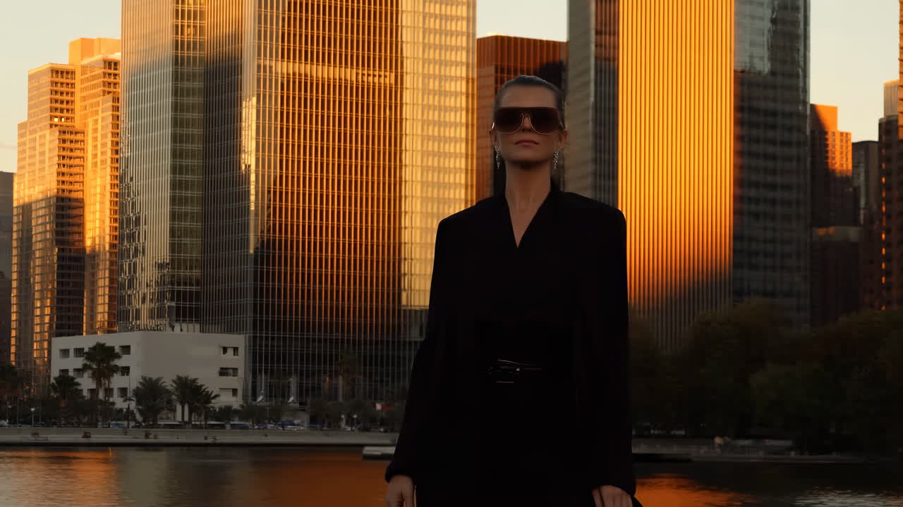 Donna elegante che posa in città al tramonto durante l'ora d'oro