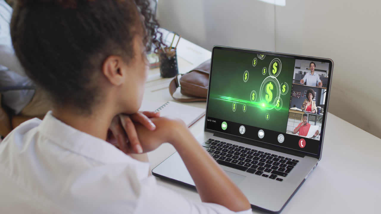 Video of biracial woman having financial video call with coworkers