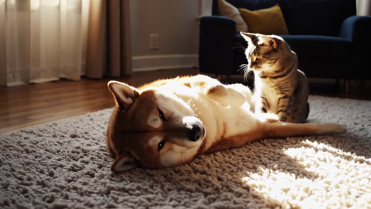 Dog and Cat Relaxing in Sunlight