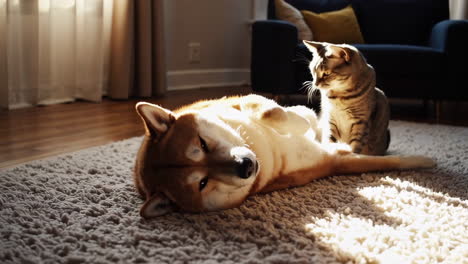 dog and cat relaxing in sunlight