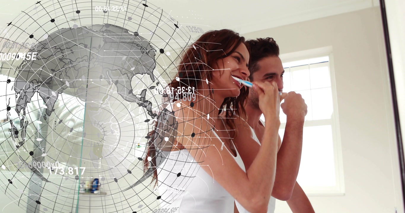 Couple lifting brushes brushing teeth at sink with transparent globe overlay boosting dental health