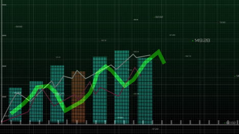 cluster of multi?colored bar charts and colored line graphs navigating dark green grid, flat design