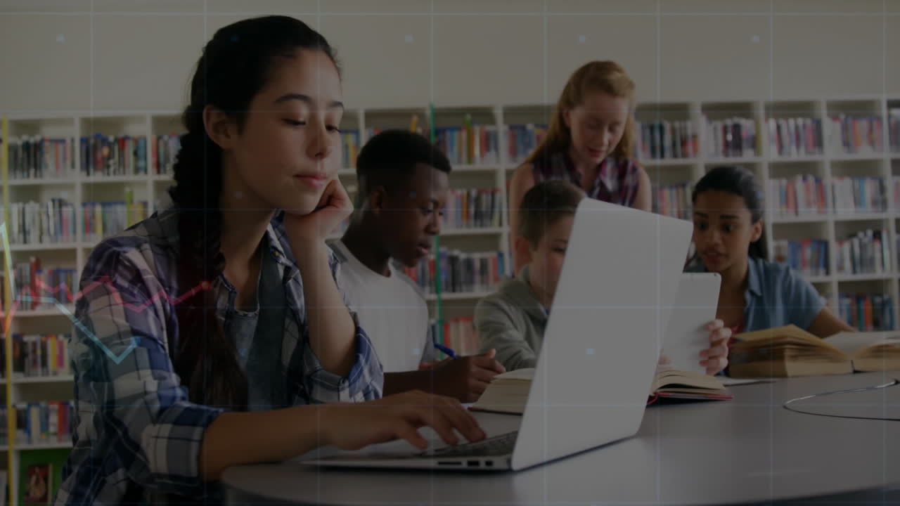 In school library, students studying with laptops and books, focusing on animation