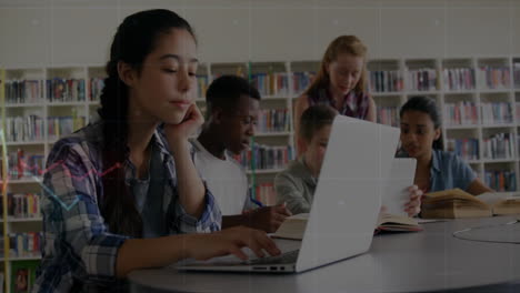 in school library, students studying with laptops and books, focusing on animation