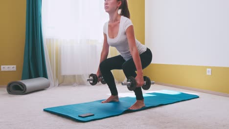 gimnasio en bucle en casa. mujer joven realiza ejercicios con pesas en casa, imágenes en bucle sin problemas