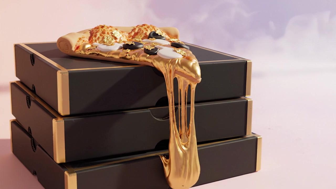 Une image superbement rendue de boîtes à pizza noires avec une tranche de pizza dorée dégoulinante, capturant le délice culinaire dans un cadre esthétique.