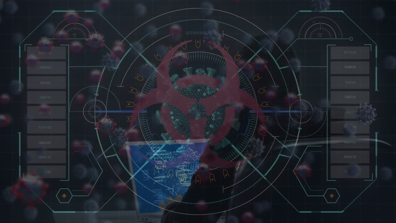 Animation of data processing and virus cells over caucasian male hacker in server room