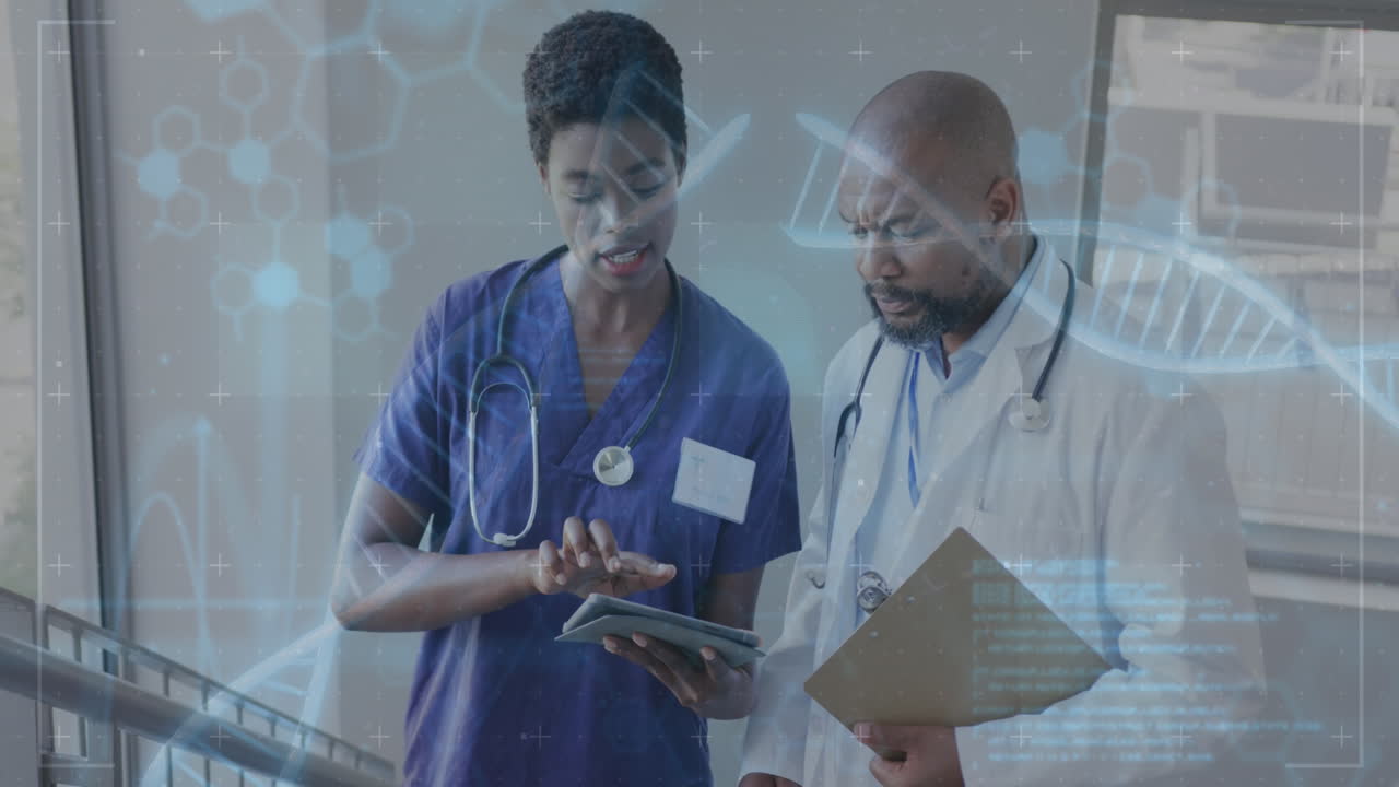 Animation of dna strand and data over african american female and male doctor using tablet talking