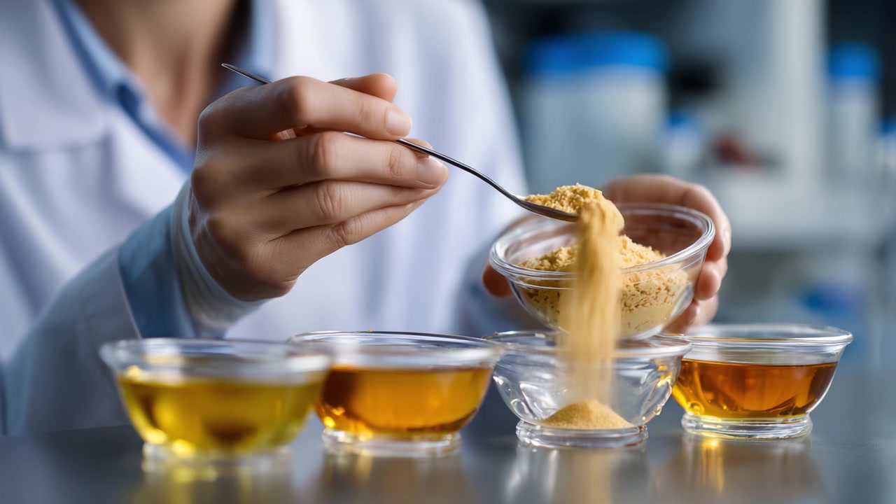 Uno scienziato misura attentamente una sostanza granulare usando un cucchiaio, circondato da più barattoli di liquido, in un ambiente di laboratorio focalizzato sulla sperimentazione precisa.