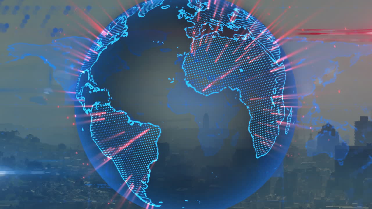 animación de conexiones brillantes sobre el paisaje urbano con globo digital