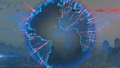 animación de conexiones brillantes sobre el paisaje urbano con globo digital