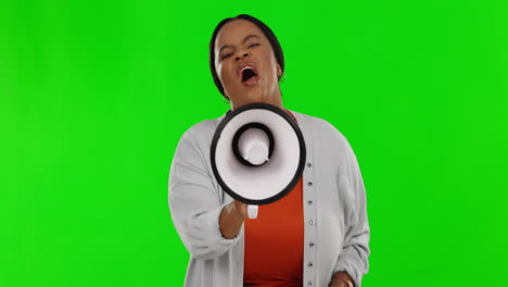 face, green screen and black woman with megaphone