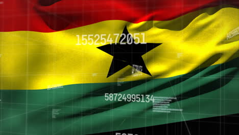 animation of changing numbers and data processing against waving ghana flag