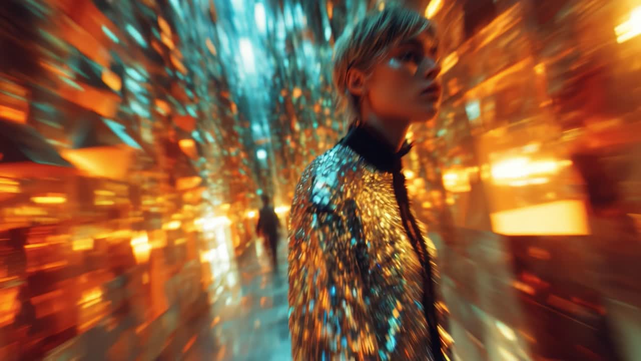 A vibrant exploration of illuminated reflections, showcasing a figure moving through a kaleidoscopic environment filled with shimmering orange and blue hues, creating a dynamic and mesmerizing atmosphere