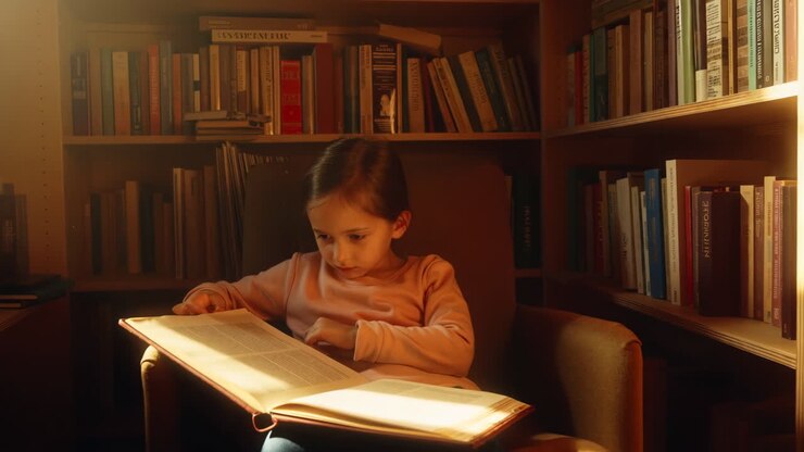 Ung pige læser en bog på et bibliotek
