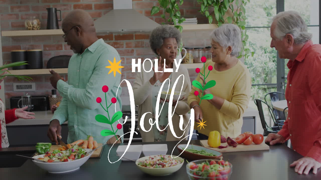 Animazione del testo "Holly Jolly" su persone diverse che preparano cibo in cucina