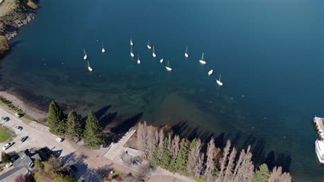 aerial top view of sailboats in tourist village of san martin de los andes on lake lacar. neuquen, argentina.