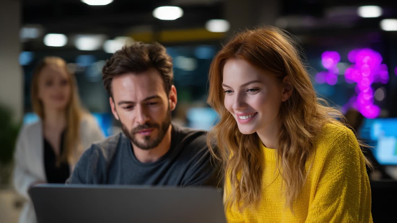 A Dynamic Exchange of Ideas: Two Colleagues Collaborating Over a Laptop in a Modern Office Environment, Highlighting Teamwork and Innovation in a Creative Workspace Atmosphere
