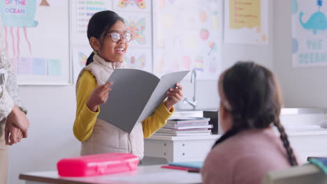 child, reading and classroom with girl speaker