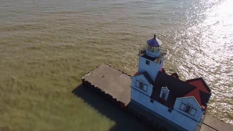 scenic flyover of lighthouse on lake michigan