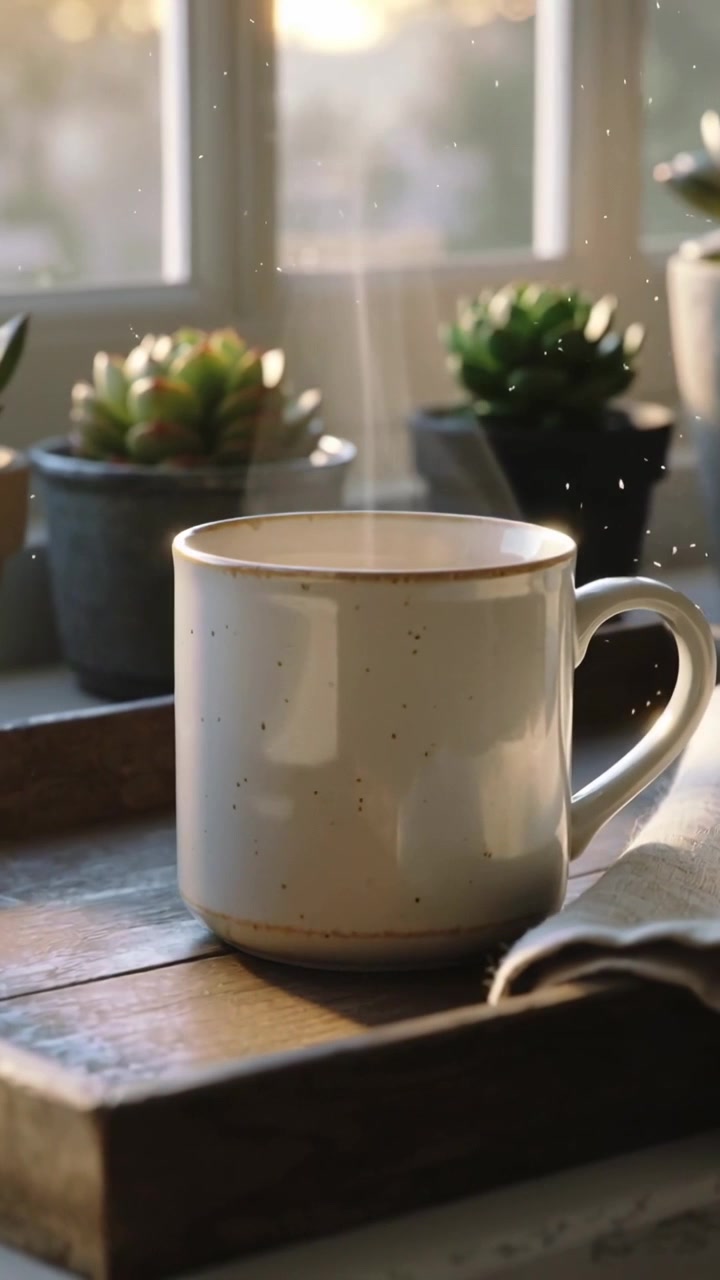 Video verticale: Il calore fa sì che una tazza di ceramica maculata rilasci vapore sul davanzale, con piante grasse.