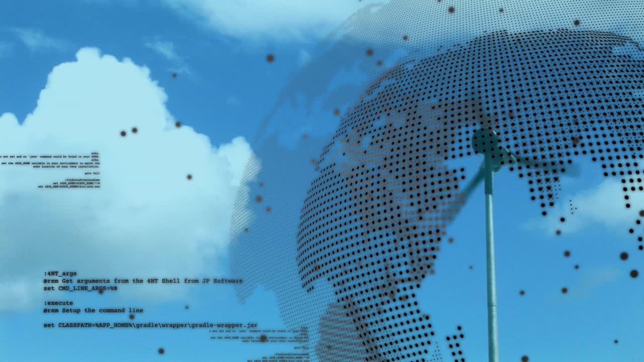 Animation of globe and data processing over wind turbine