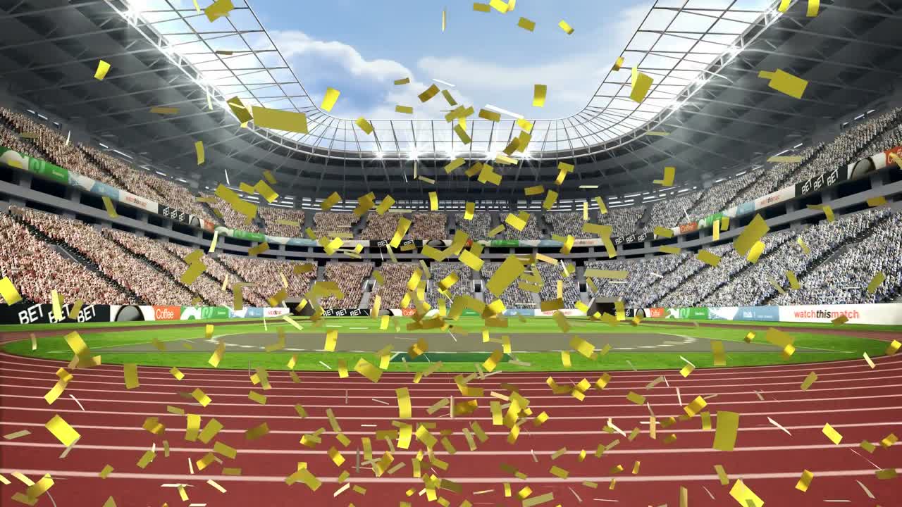 스포츠 경기장 위로 떨어지는 콘페티의 애니메이션