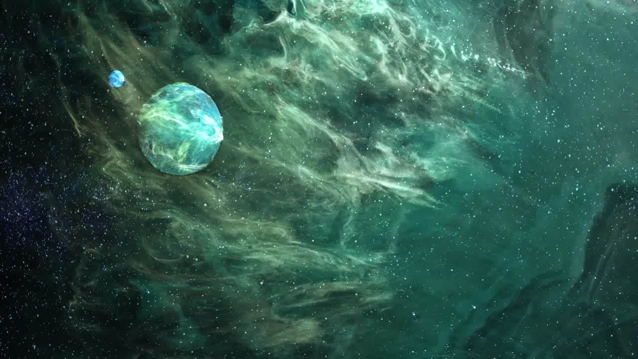 Animation of green planet in green galaxy