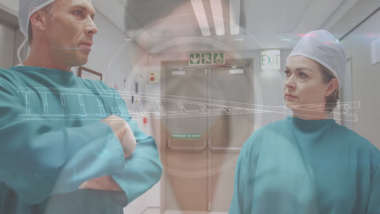 Diskuterer medisinsk prosedyre, kirurger i uniform bruker animasjon på sykehus