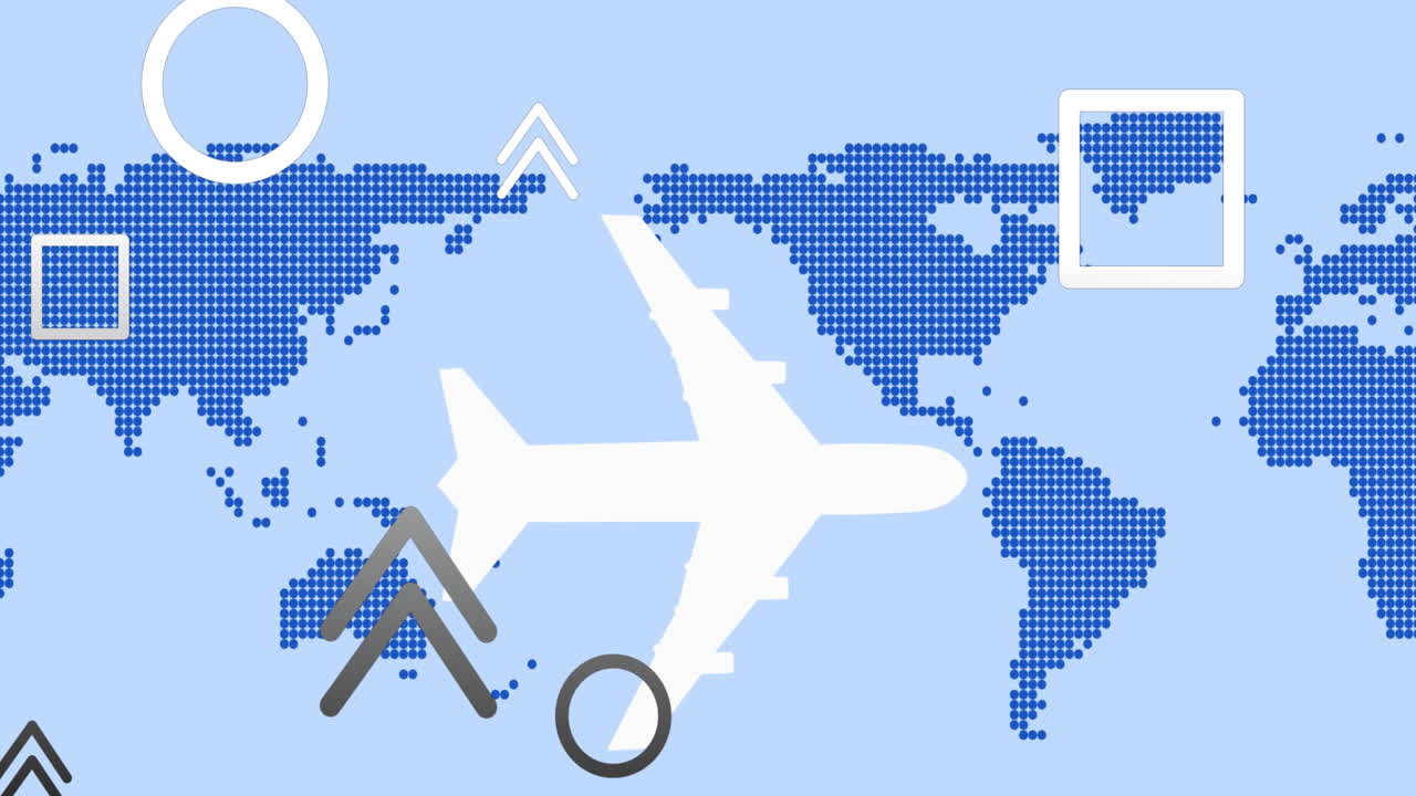 animación de aviones y formas volando sobre el mapa del mundo